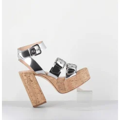 Sandales A Plateforme En Liege & Cuir Metallise Argent Multi Boucles - Phile Silver