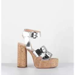 Sandales A Plateforme En Liege & Cuir Metallise Argent Multi Boucles - Phile Silver