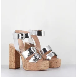 Sandales A Plateforme En Liege & Cuir Metallise Argent Multi Boucles - Phile Silver