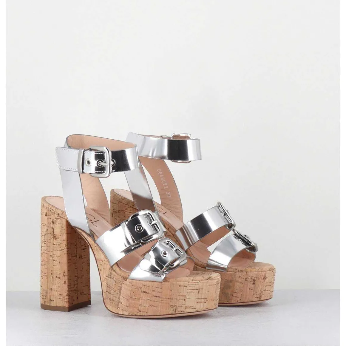 Sandales A Plateforme En Liege & Cuir Metallise Argent Multi Boucles - Phile Silver