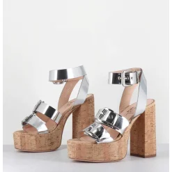 Sandales A Plateforme En Liege & Cuir Metallise Argent Multi Boucles - Phile Silver