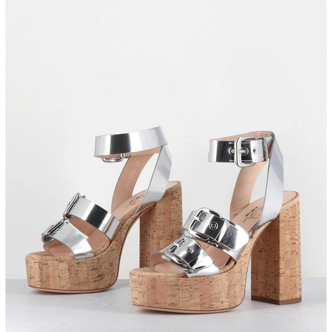 Sandales A Plateforme En Liege & Cuir Metallise Argent Multi Boucles - Phile Silver