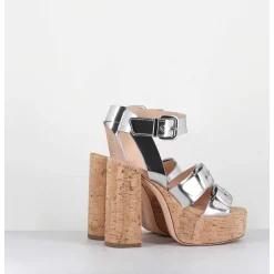Sandales A Plateforme En Liege & Cuir Metallise Argent Multi Boucles - Phile Silver