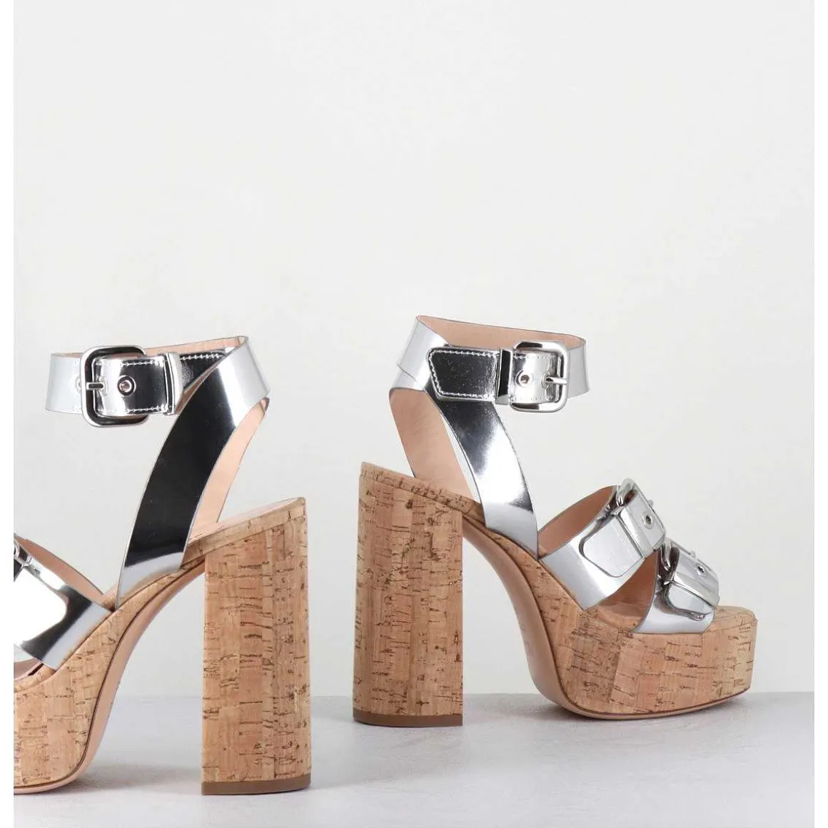 Sandales A Plateforme En Liege & Cuir Metallise Argent Multi Boucles - Phile Silver