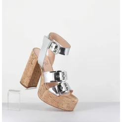 Sandales A Plateforme En Liege & Cuir Metallise Argent Multi Boucles - Phile Silver
