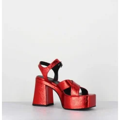 Sandales A Plateforme En Cuir Metallise Froisse Rouge - Ameri Rosso