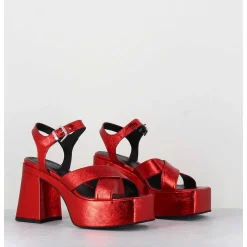 Sandales A Plateforme En Cuir Metallise Froisse Rouge - Ameri Rosso