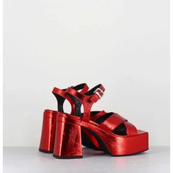Sandales A Plateforme En Cuir Metallise Froisse Rouge - Ameri Rosso