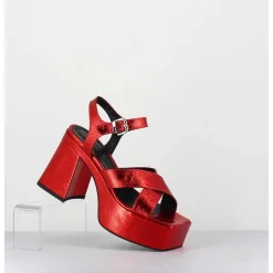 Sandales A Plateforme En Cuir Metallise Froisse Rouge - Ameri Rosso