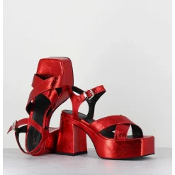 Sandales A Plateforme En Cuir Metallise Froisse Rouge - Ameri Rosso
