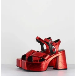 Sandales A Plateforme En Cuir Metallise Froisse Rouge - Ameri Rosso