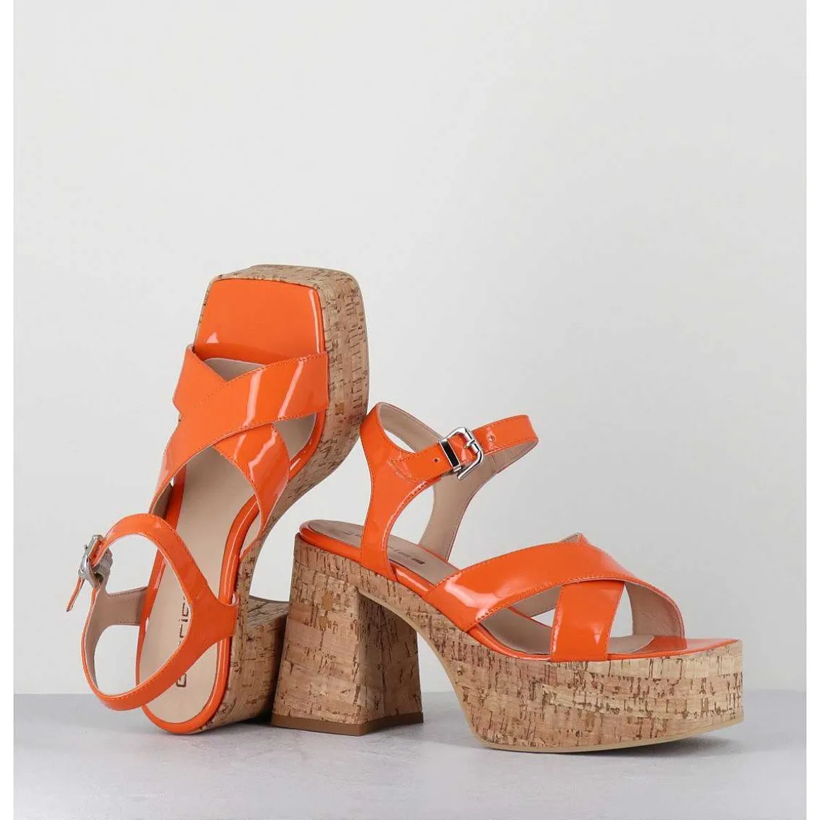 Sandales A Plateforme En Liege Vernis Orange - Amera Albicola