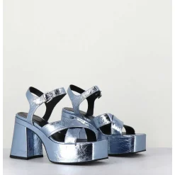 Sandales A Plateforme En Cuir Metallise Froisse Bleu Ciel - Amerou Lavanda