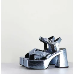 Sandales A Plateforme En Cuir Metallise Froisse Bleu Ciel - Amerou Lavanda
