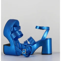 Sandales A Plateforme 70S En Cuir Metallise Bleu - Mar Laminato Cobalto