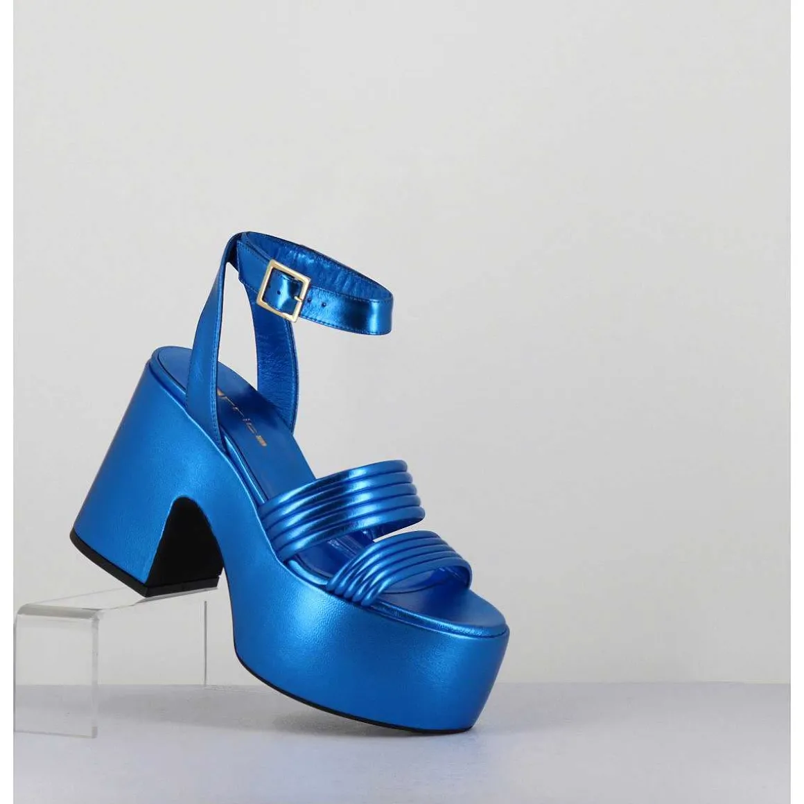 Sandales A Plateforme 70S En Cuir Metallise Bleu - Mar Laminato Cobalto