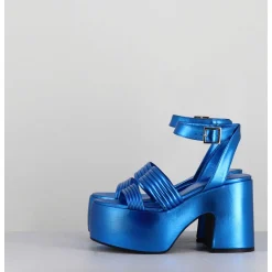 Sandales A Plateforme 70S En Cuir Metallise Bleu - Mar Laminato Cobalto