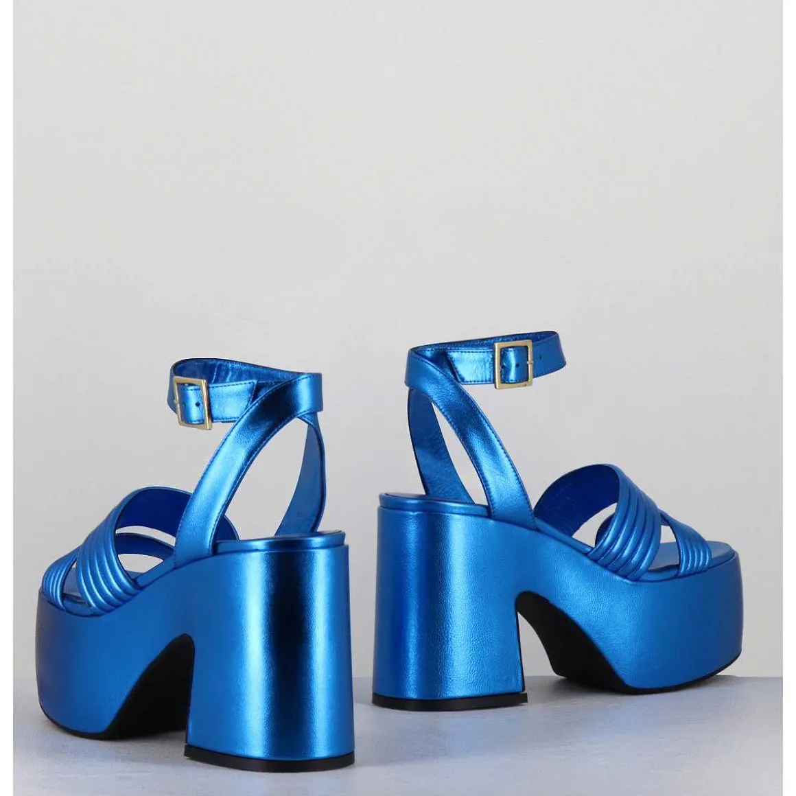 Sandales A Plateforme 70S En Cuir Metallise Bleu - Mar Laminato Cobalto