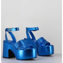 Sandales A Plateforme 70S En Cuir Metallise Bleu - Mar Laminato Cobalto