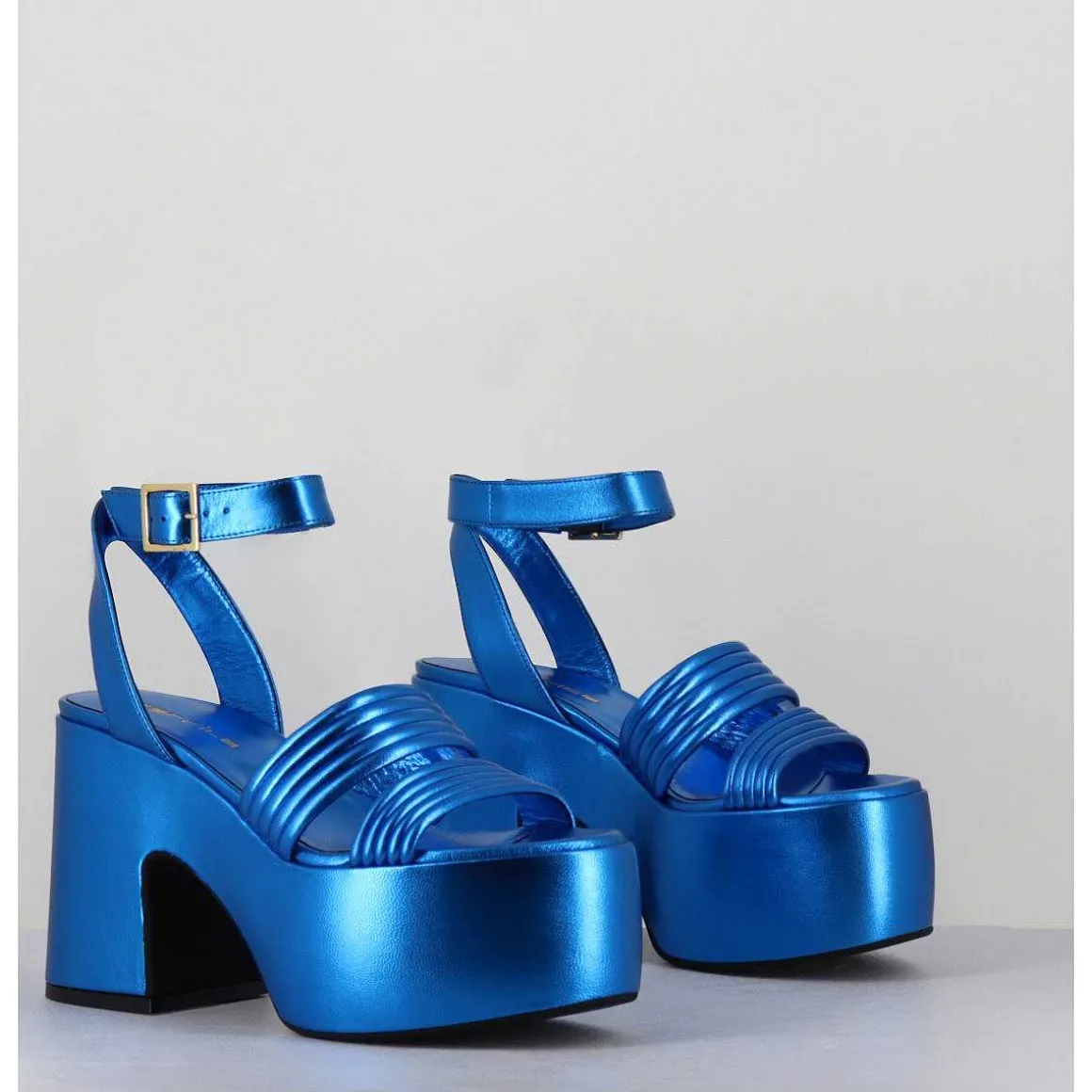 Sandales A Plateforme 70S En Cuir Metallise Bleu - Mar Laminato Cobalto