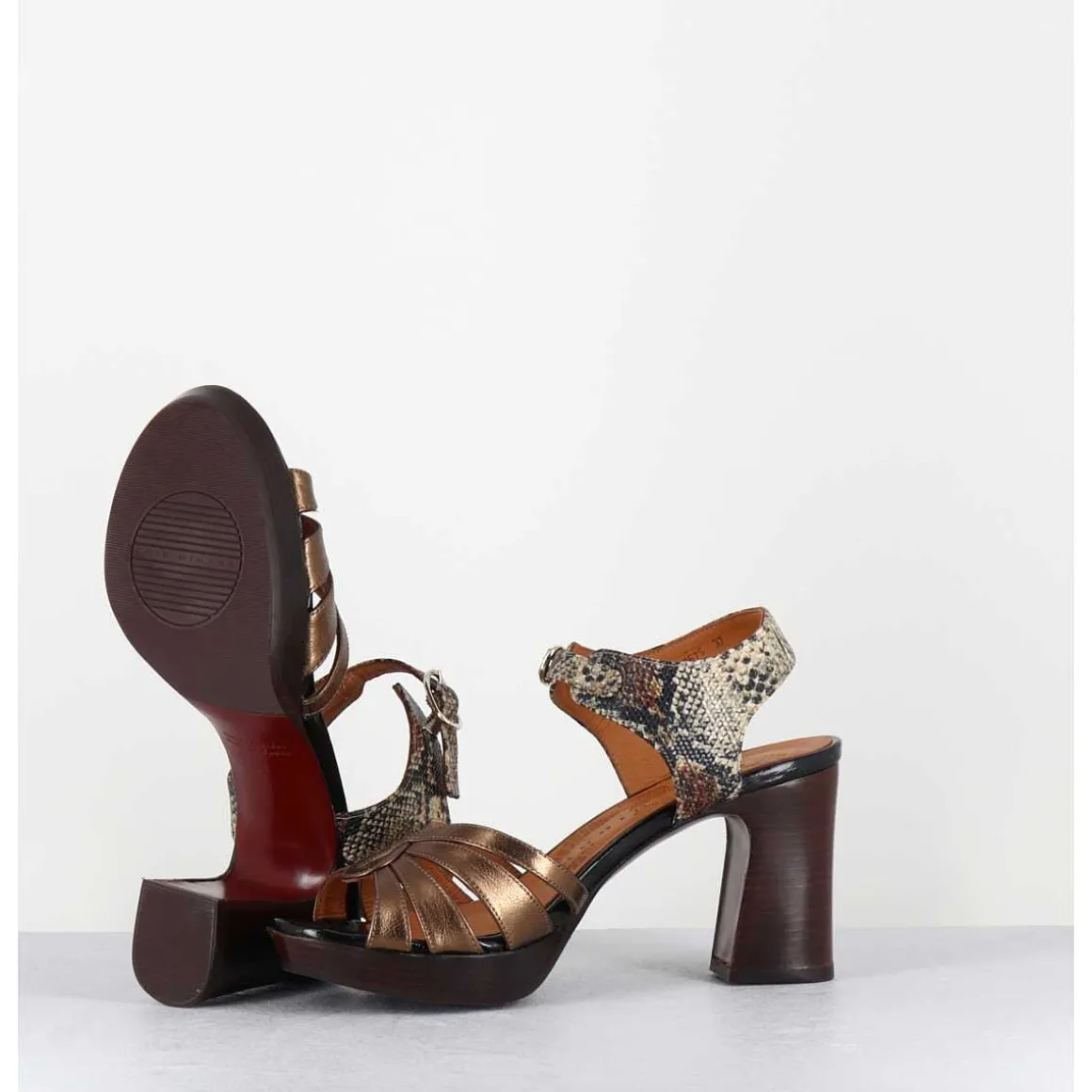 Sandales A Talon Cuir Metallise Bronze & Imprime Serpent - Kelati-T Dali Cobre