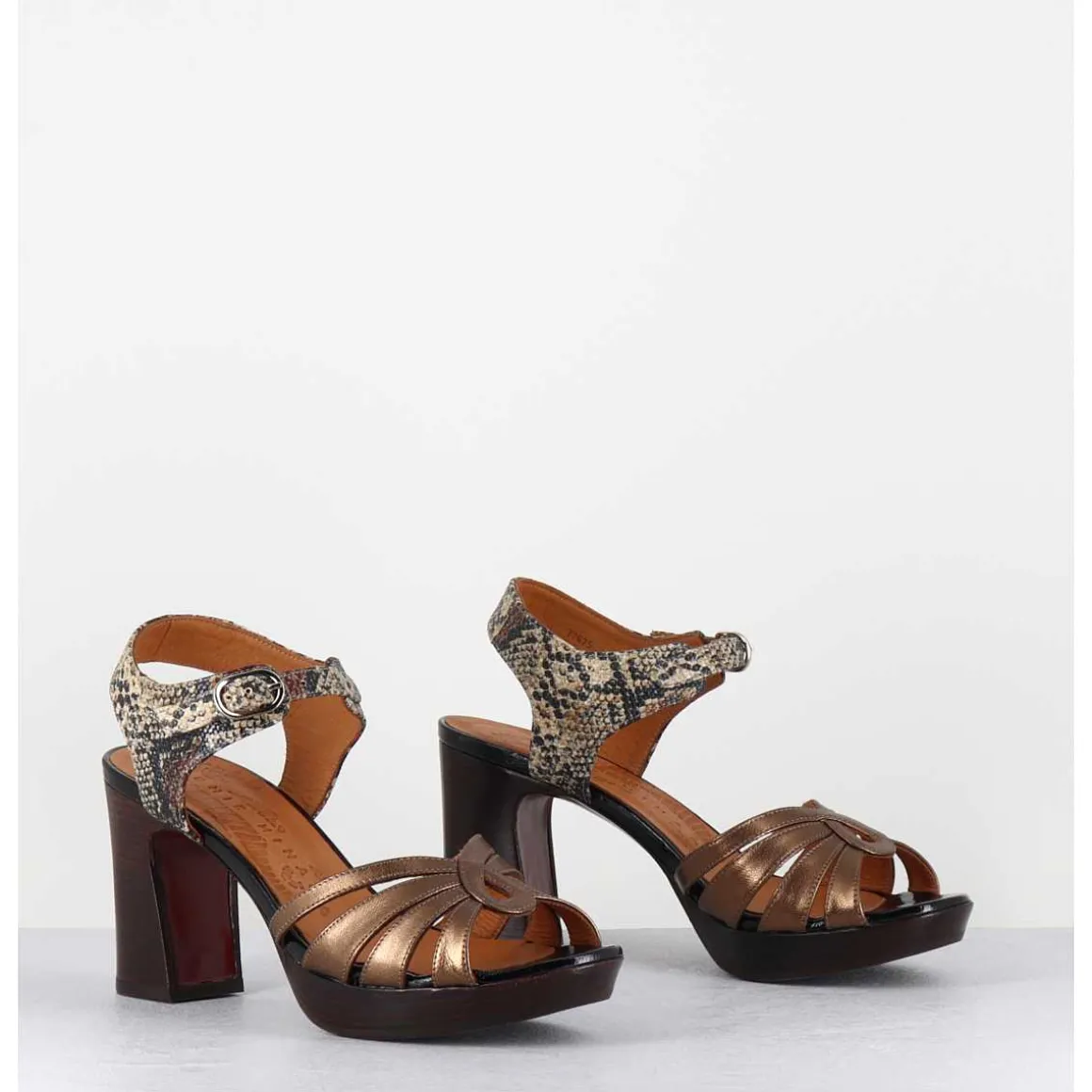Sandales A Talon Cuir Metallise Bronze & Imprime Serpent - Kelati-T Dali Cobre