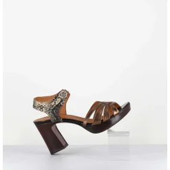 Sandales A Talon Cuir Metallise Bronze & Imprime Serpent - Kelati-T Dali Cobre
