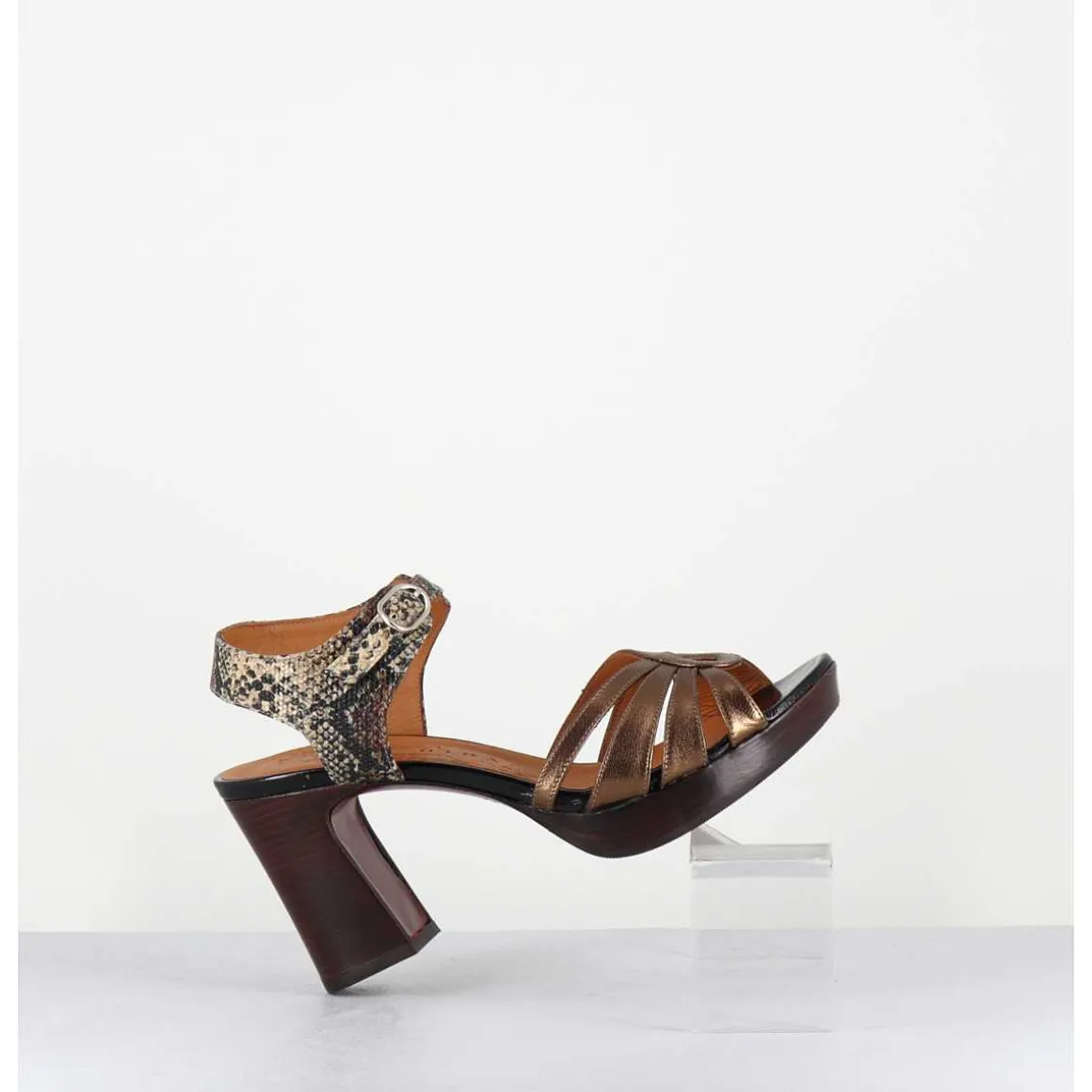 Sandales A Talon Cuir Metallise Bronze & Imprime Serpent - Kelati-T Dali Cobre