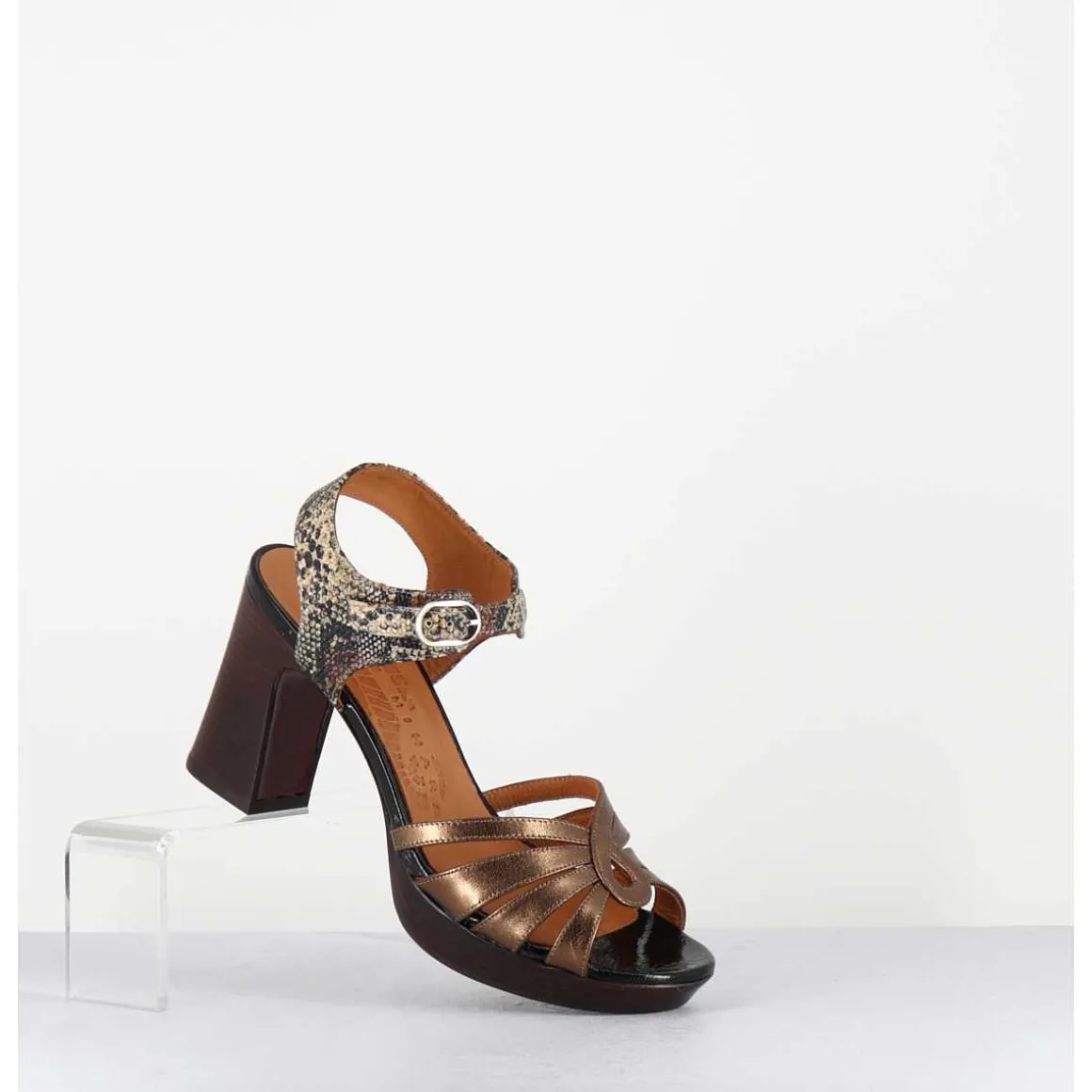 Sandales A Talon Cuir Metallise Bronze & Imprime Serpent - Kelati-T Dali Cobre