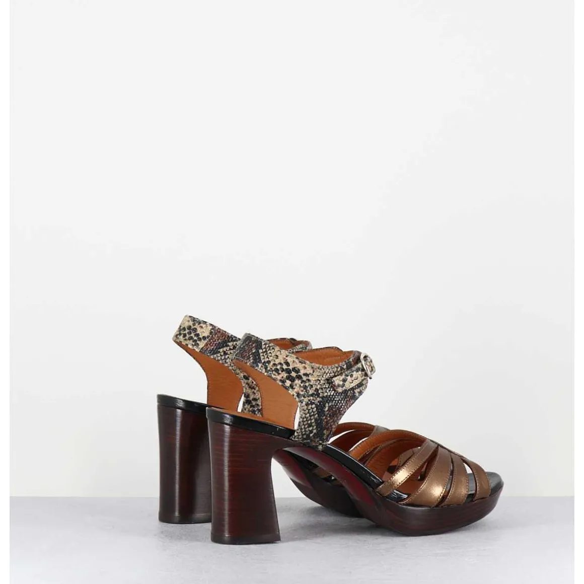Sandales A Talon Cuir Metallise Bronze & Imprime Serpent - Kelati-T Dali Cobre