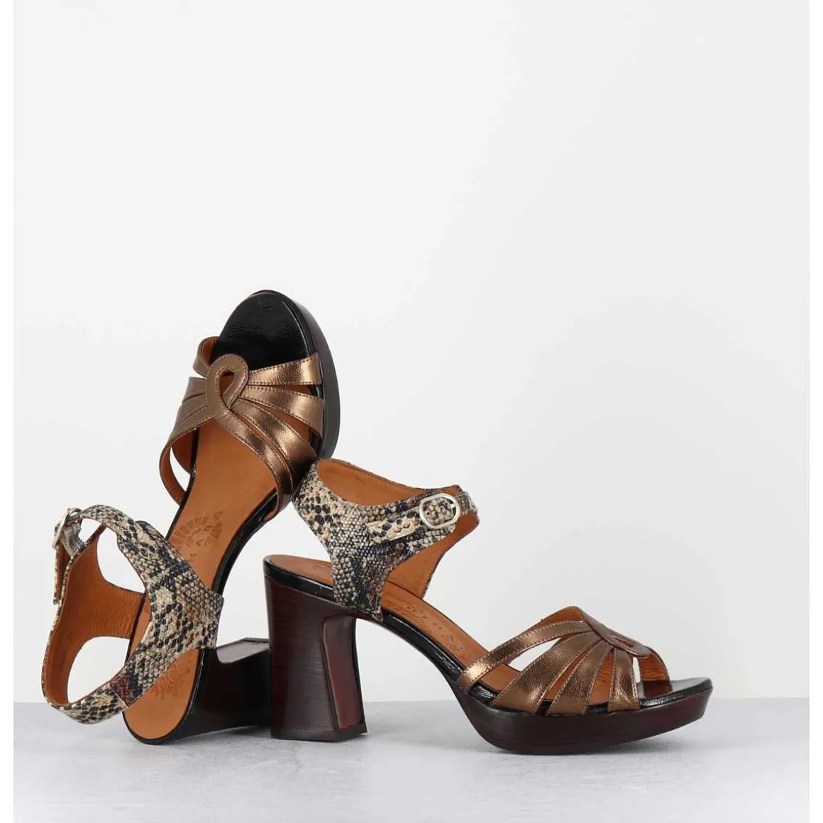 Sandales A Talon Cuir Metallise Bronze & Imprime Serpent - Kelati-T Dali Cobre