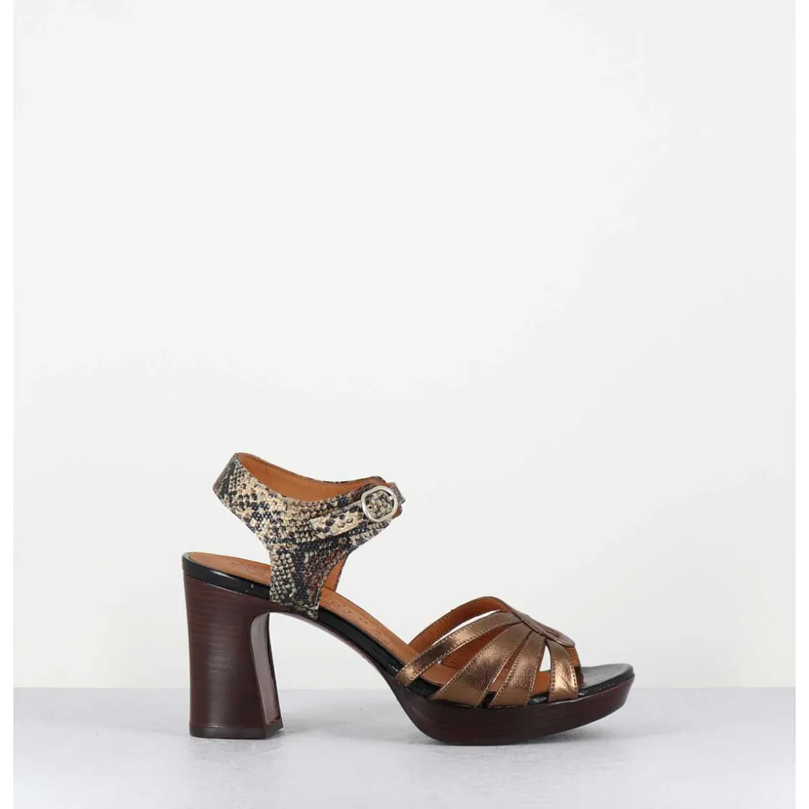 Sandales A Talon Cuir Metallise Bronze & Imprime Serpent - Kelati-T Dali Cobre