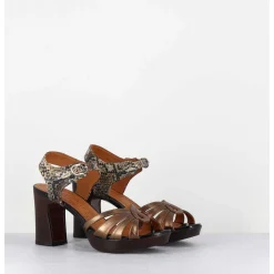 Sandales A Talon Cuir Metallise Bronze & Imprime Serpent - Kelati-T Dali Cobre