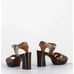 Sandales A Talon Cuir Metallise Bronze & Imprime Serpent - Kelati-T Dali Cobre