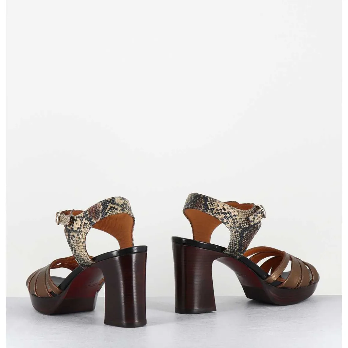 Sandales A Talon Cuir Metallise Bronze & Imprime Serpent - Kelati-T Dali Cobre