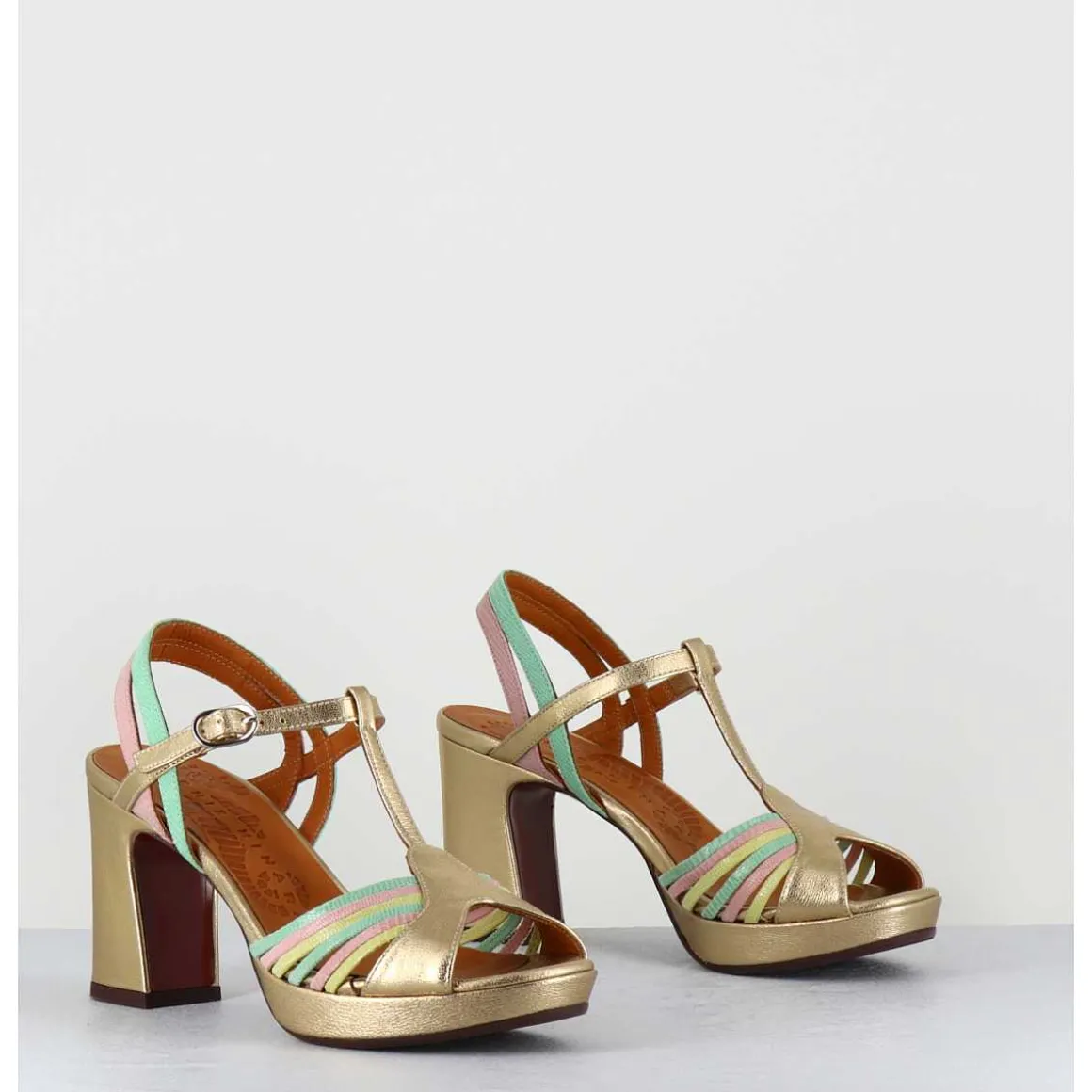 Sandales A Talon En Cuir Metallise Dore Multi-Brides Colorees - Kija44 Dali Champan