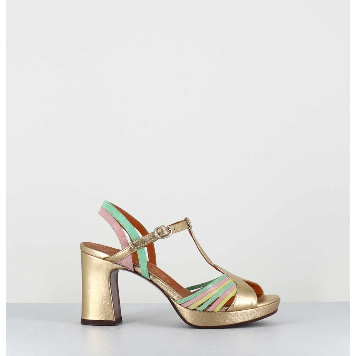 Sandales A Talon En Cuir Metallise Dore Multi-Brides Colorees - Kija44 Dali Champan