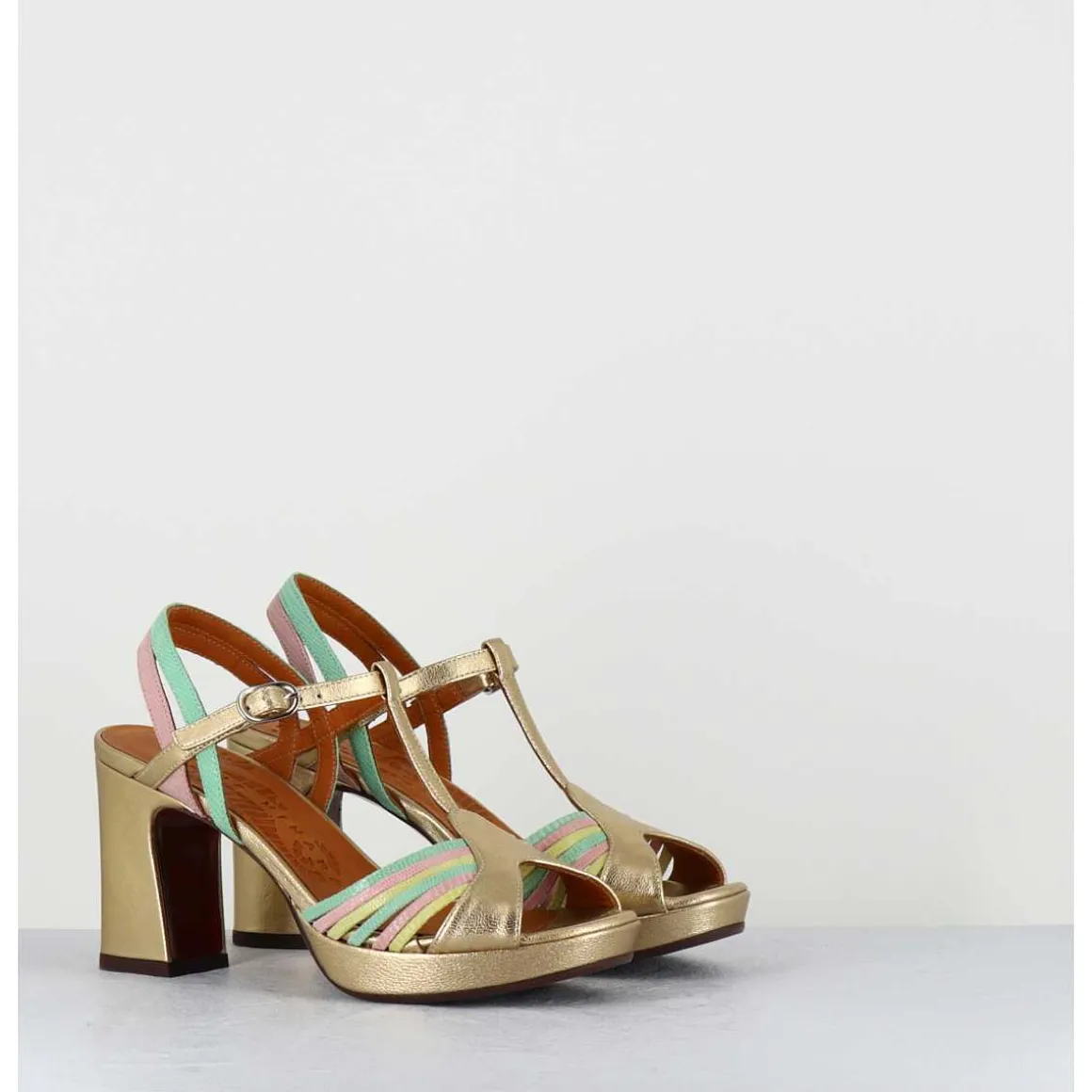 Sandales A Talon En Cuir Metallise Dore Multi-Brides Colorees - Kija44 Dali Champan