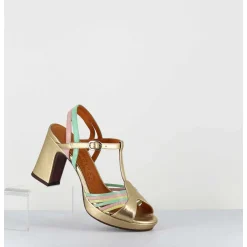 Sandales A Talon En Cuir Metallise Dore Multi-Brides Colorees - Kija44 Dali Champan