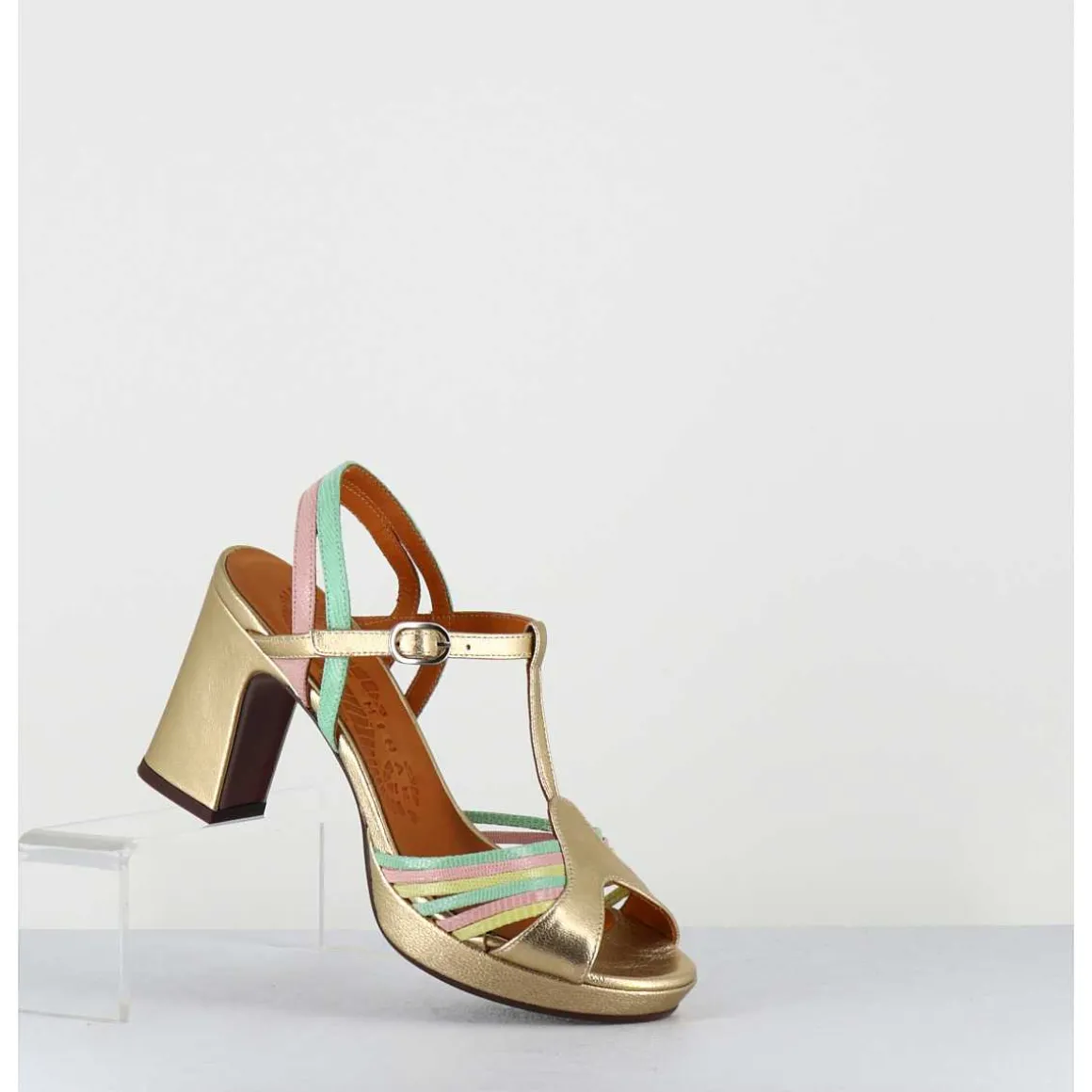 Sandales A Talon En Cuir Metallise Dore Multi-Brides Colorees - Kija44 Dali Champan