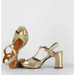 Sandales A Talon En Cuir Metallise Dore Multi-Brides Colorees - Kija44 Dali Champan
