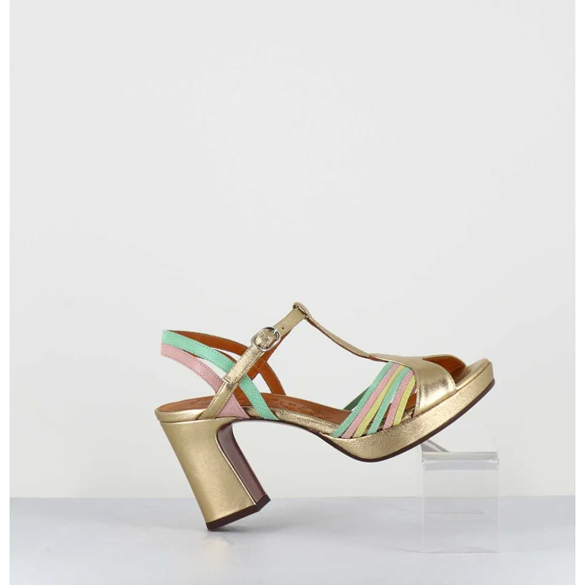 Sandales A Talon En Cuir Metallise Dore Multi-Brides Colorees - Kija44 Dali Champan