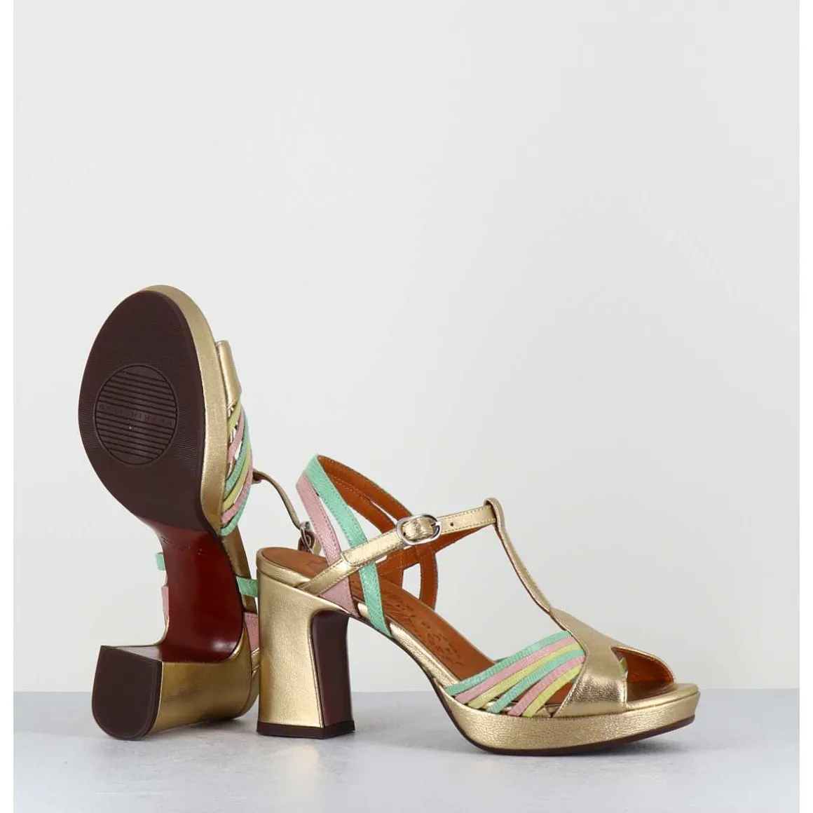 Sandales A Talon En Cuir Metallise Dore Multi-Brides Colorees - Kija44 Dali Champan