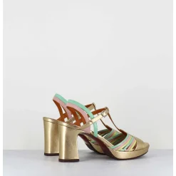 Sandales A Talon En Cuir Metallise Dore Multi-Brides Colorees - Kija44 Dali Champan