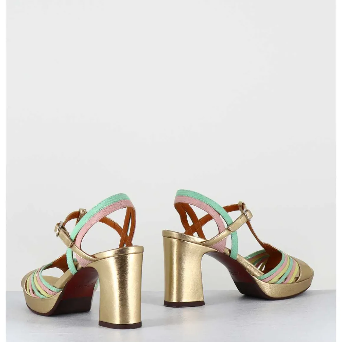 Sandales A Talon En Cuir Metallise Dore Multi-Brides Colorees - Kija44 Dali Champan