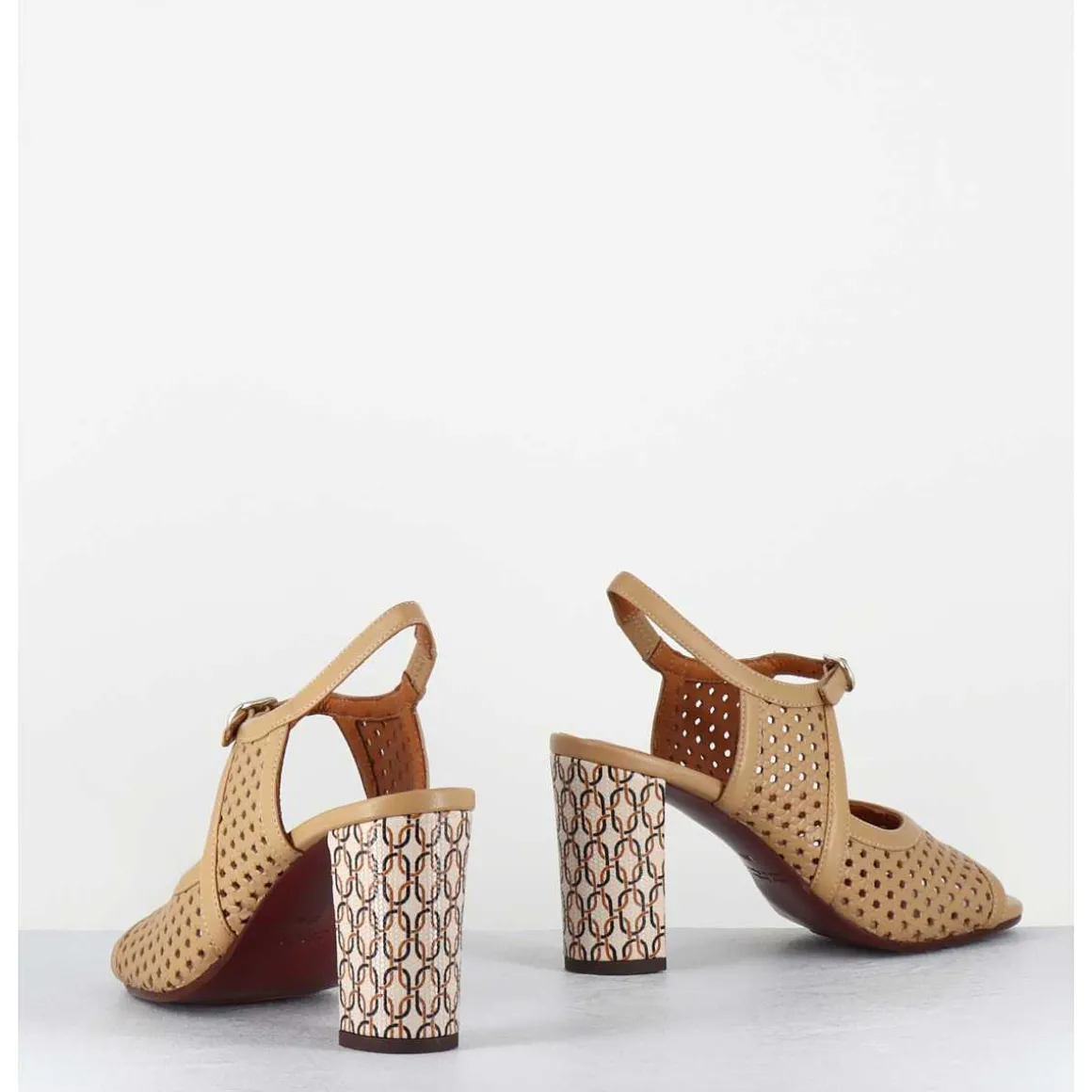 Sandales A Talon En Cuir Cannele & Imprime Vintage - Beila Softy Bambu