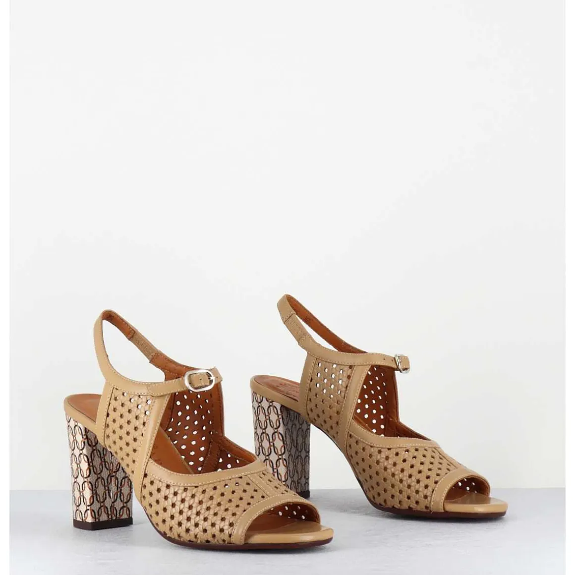 Sandales A Talon En Cuir Cannele & Imprime Vintage - Beila Softy Bambu