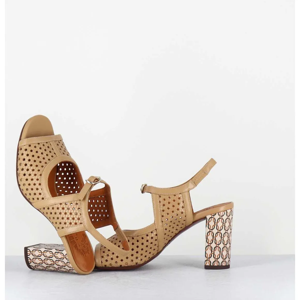 Sandales A Talon En Cuir Cannele & Imprime Vintage - Beila Softy Bambu
