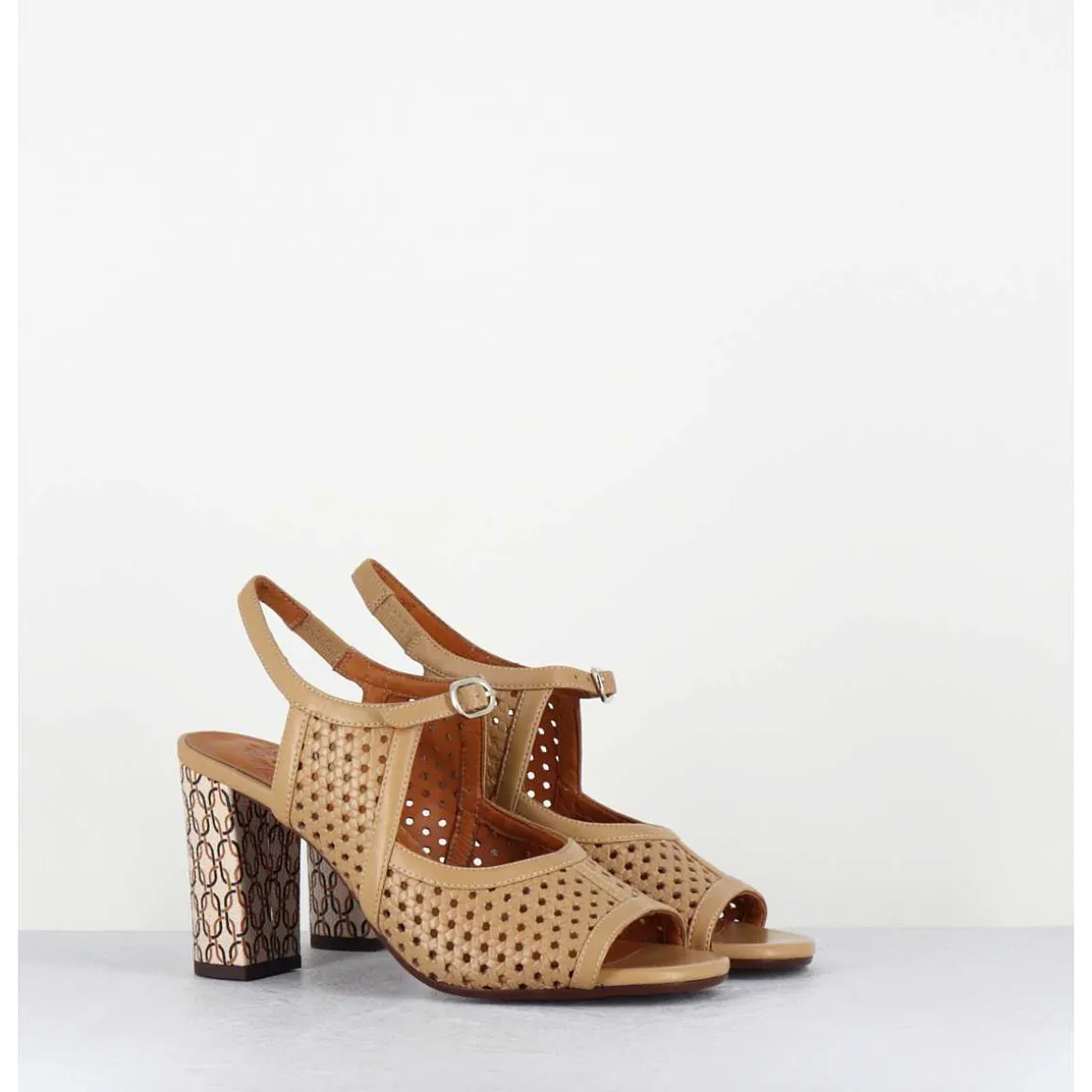 Sandales A Talon En Cuir Cannele & Imprime Vintage - Beila Softy Bambu