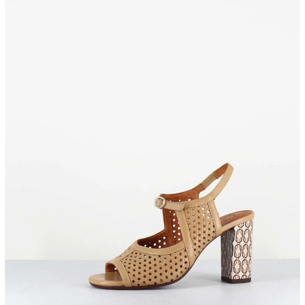 Sandales A Talon En Cuir Cannele & Imprime Vintage - Beila Softy Bambu